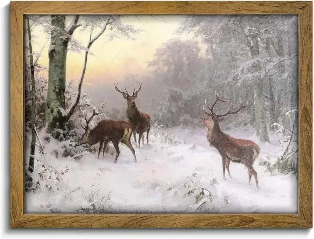 Deers in the Winter Forest Framed‎ Canvas Wall Art